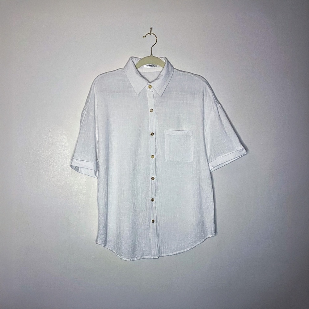 100% Cotton White Button-Down Short Sleeve Blouse
